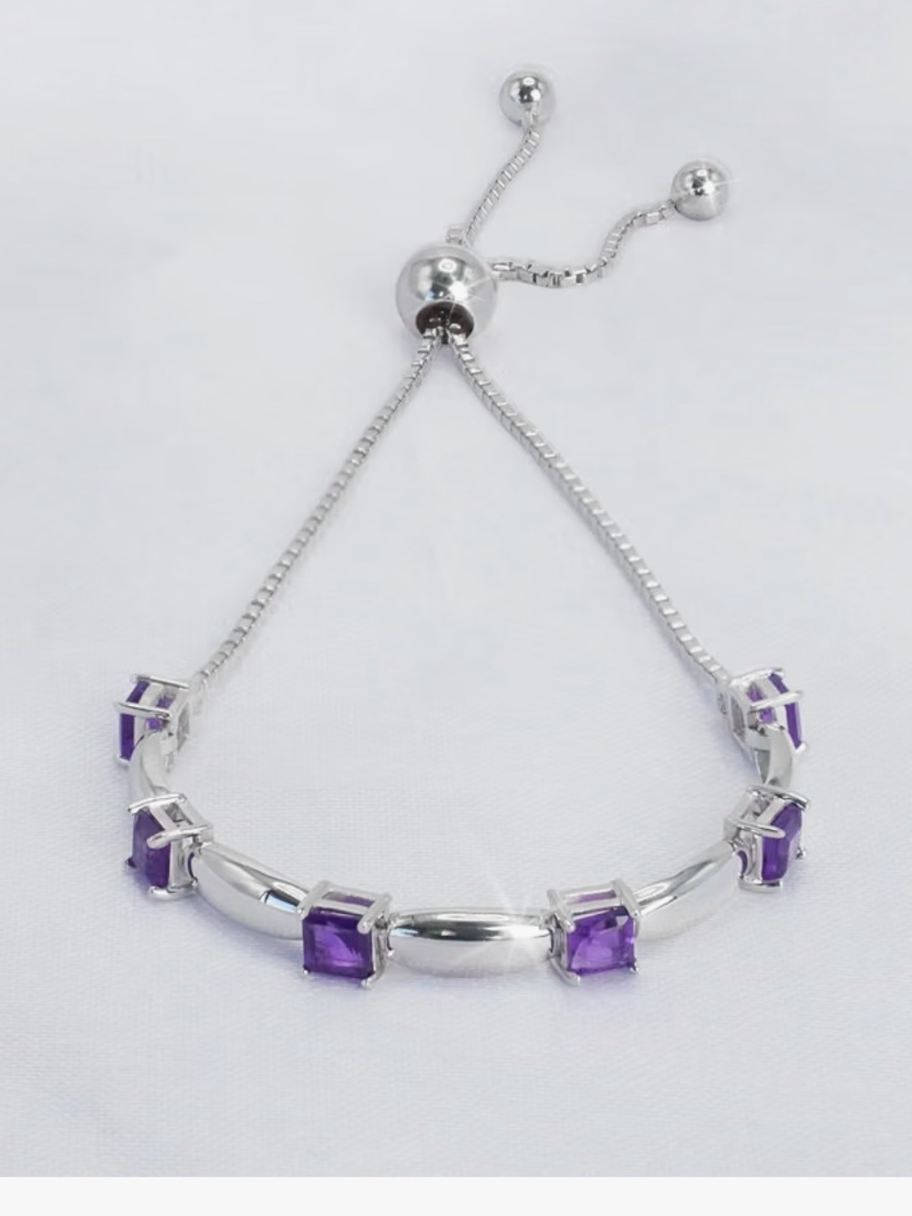 Sterling Silver Amethyst Square Gemstone Adjustable Bracelet